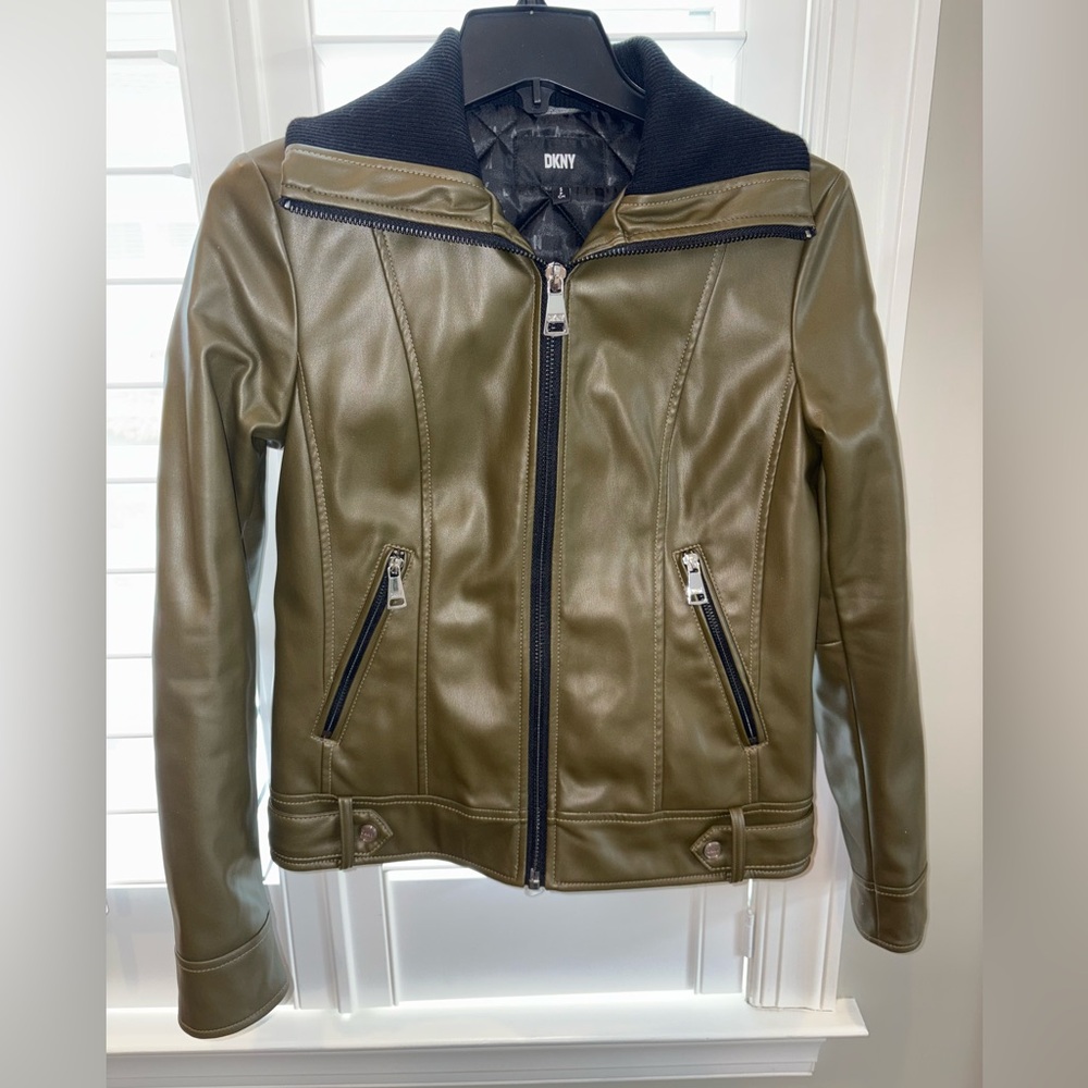 DKNY faux leather olive bomber